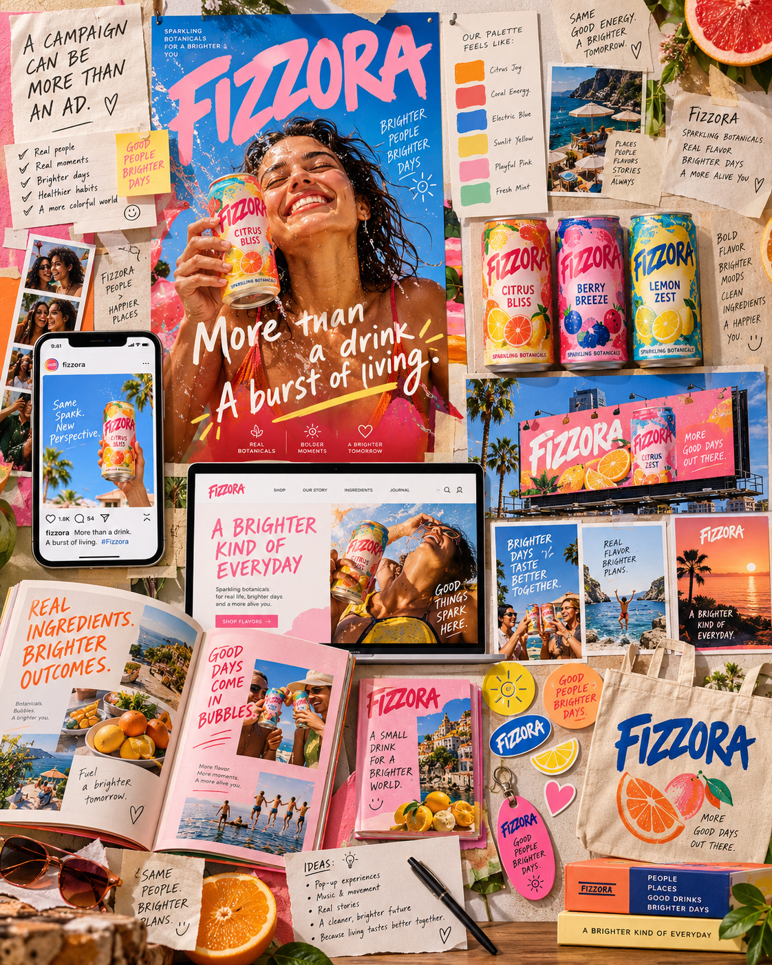Colorful Fizzora campaign across packaging, digital and print